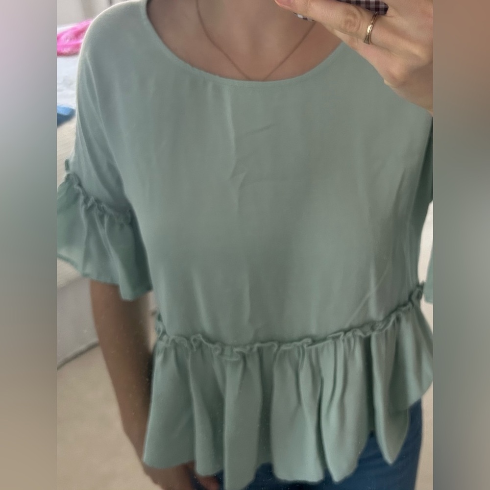 Everly Sage Peplum Top with Ruffle Sleeves